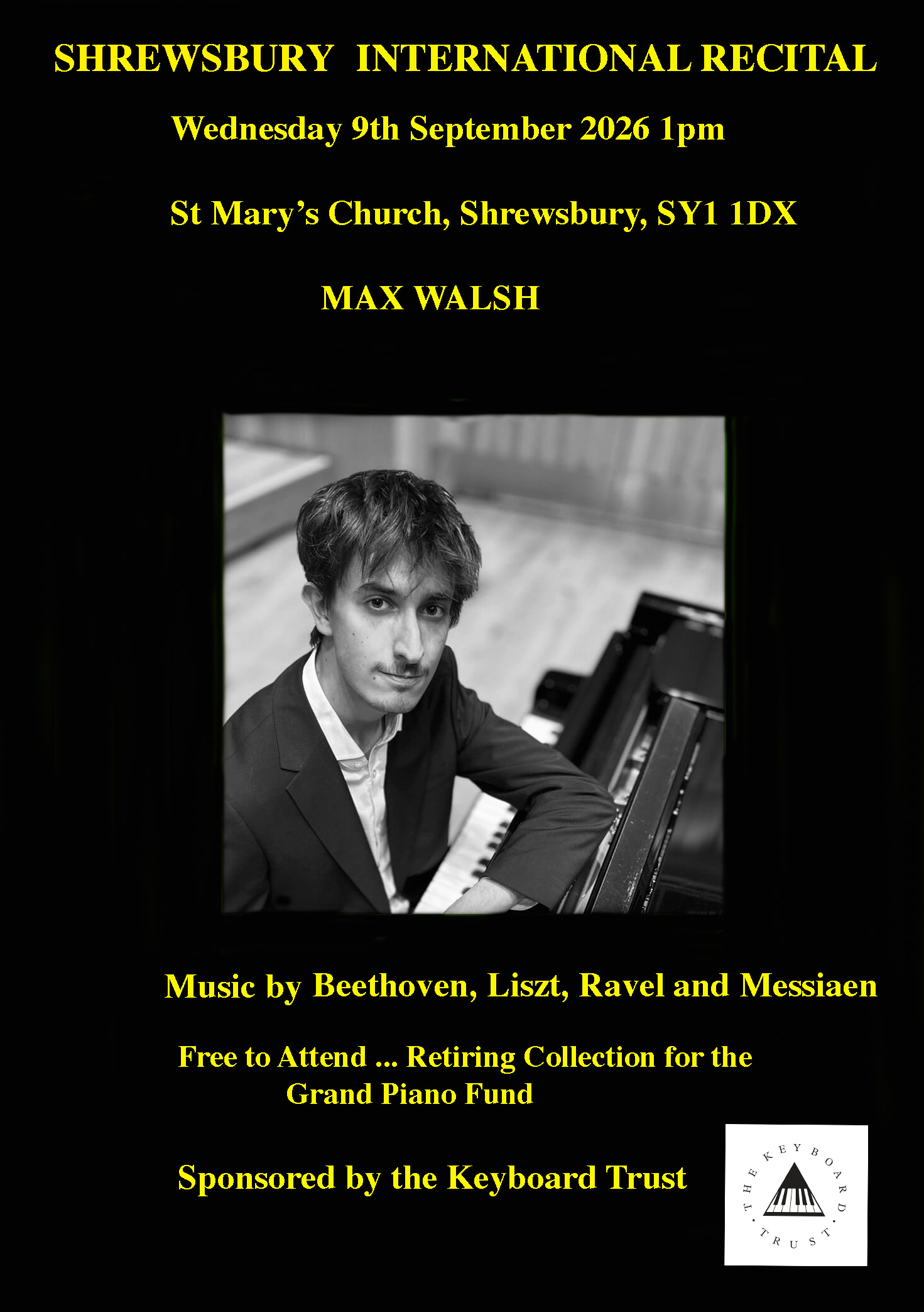 Max Walsh sitting at a grand piano