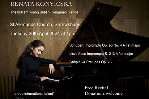 Poster for Renata Konyicska's recital with photo of her sitting at a grand piano